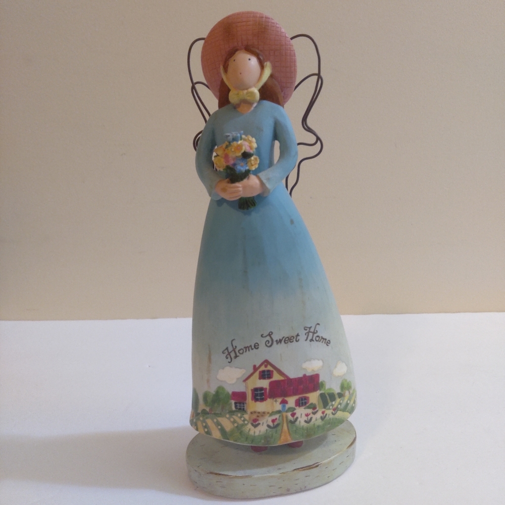 Russ Country Gathering Angel Holding Flowers with Hat 4" x 9" Home Sweet Home